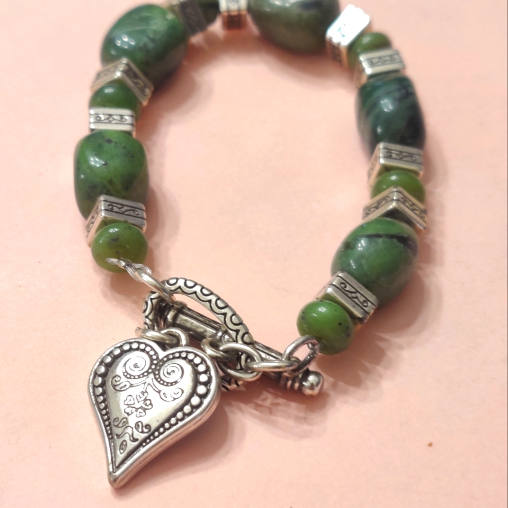 Brighton Green Stone Large Beads Classic Serpentine Charm Bracelet